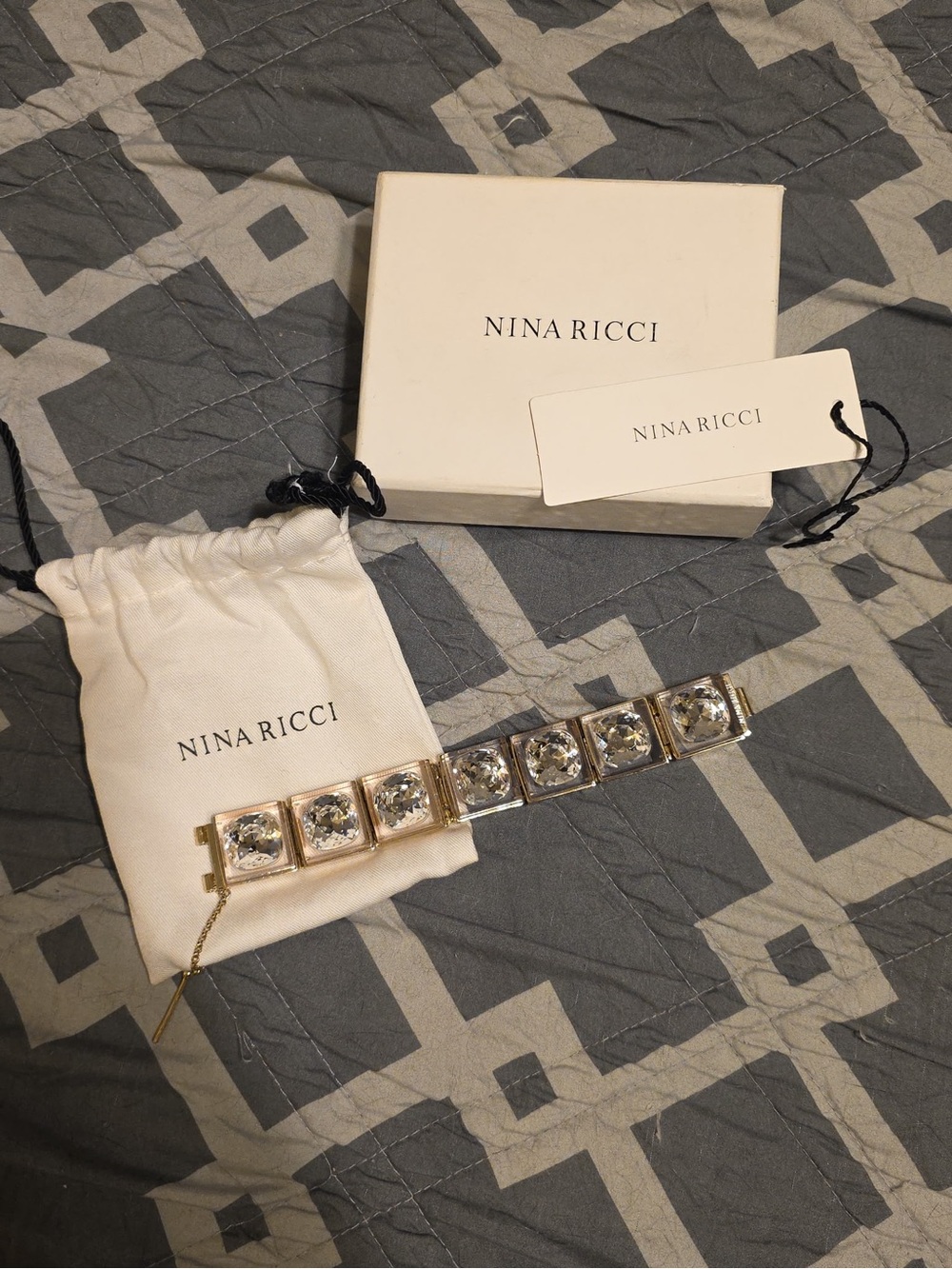 Nina Ricci Gold and Clear Crystal Square Link Bracelet